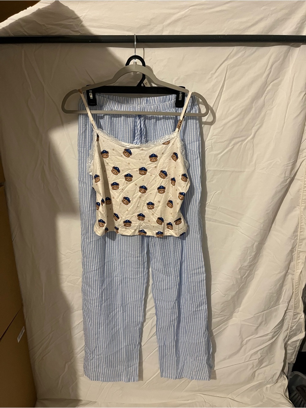 SHEIN White Printed Cami & Light Blue Striped Pajama Set